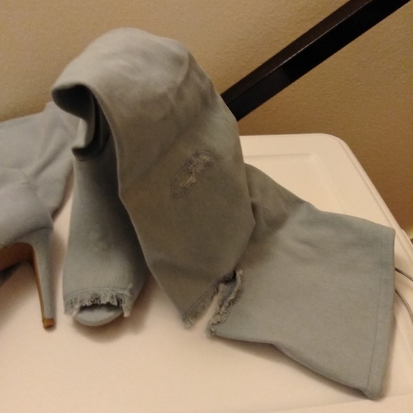 Wild Diva Peep Toe Light Denim Over the Knee Boots - Picture 6 of 8